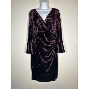 Lauren Ralph Lauren NWT Velvet Dress‎ 16 Wine Red Ruched Faux Wrap Bell Sleeve